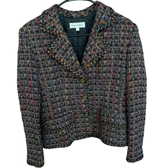 Enrico Baldini Women Tweed Blazer Size 8 Brown Multicolor Silk Rayon Blend Lined - Picture 1 of 13